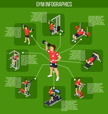 Colored gym infographics and types of exercises with influence of different muscle groups vector illustration