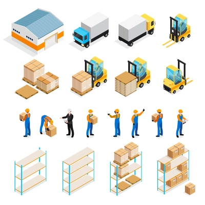 Warehouse isometric set including manager and workers, goods, trucks and forklifts, pallets and shelves isolated vector illustration