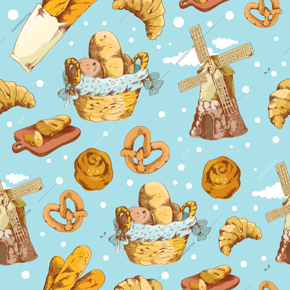 Bakery bread and pastry food hand drawn seamless pattern vector illustrationВЊ