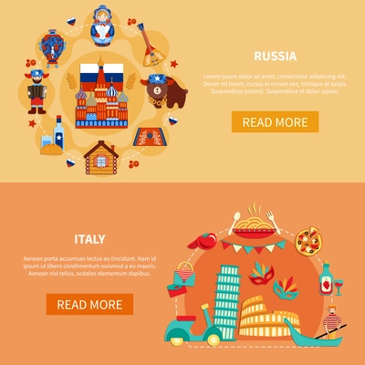 Travel banners with flat image compositions of russian and italian sights and food with read more button vector illustration