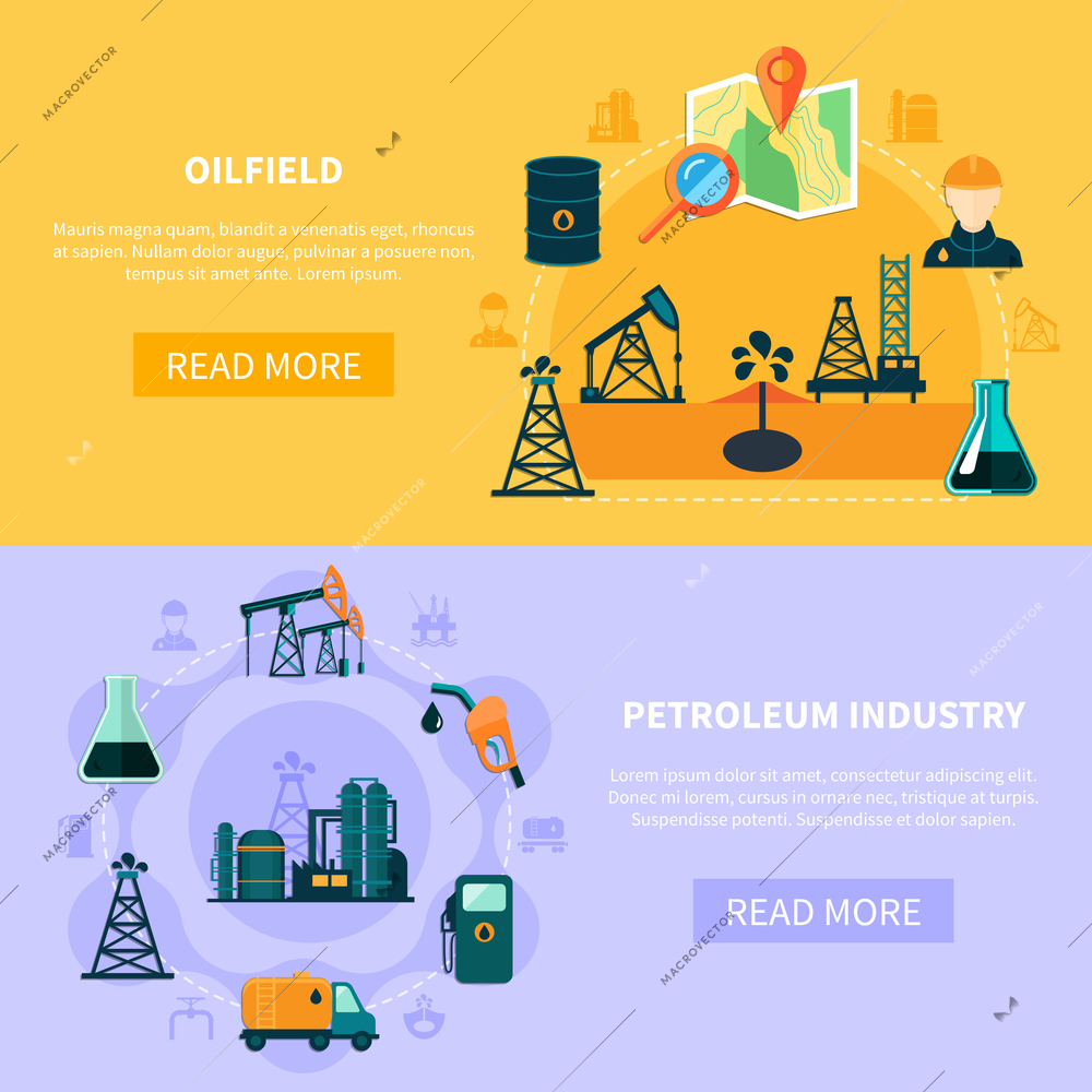 Set of two oil industry horizontal banners with flat image compositions text and read more button vector illustration