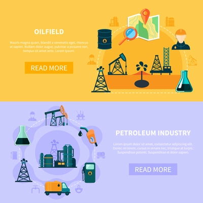 Set of two oil industry horizontal banners with flat image compositions text and read more button vector illustration