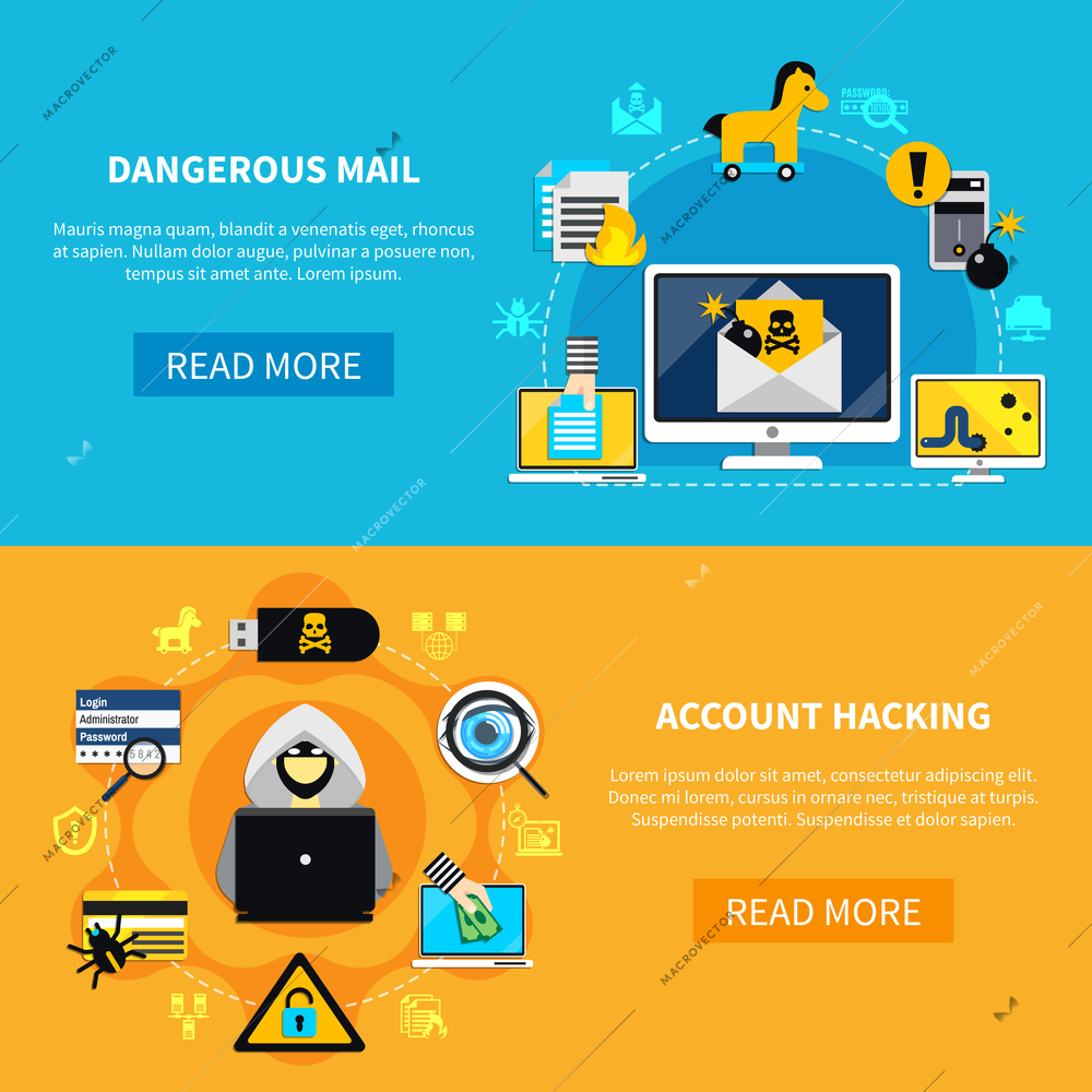 Hacking flat horizontal banners with dangerous mail and account hacking decorative icons set vector illustration