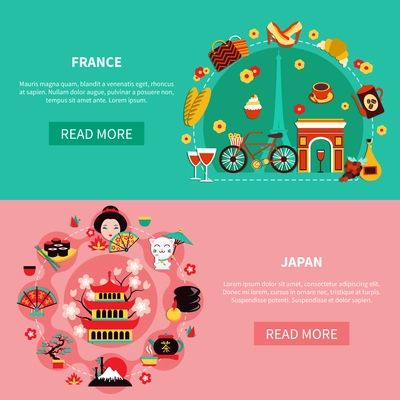 France and japan horizontal banners with elements of national historic and modern culture flat vector illustration