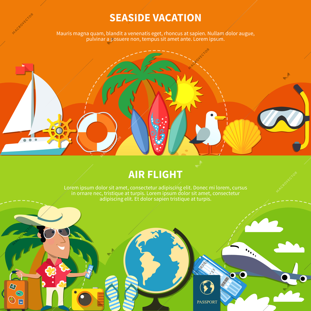 Vacation travel flat horizontal banners with compositions of tourist flying and offshore images with editable text vector illustration