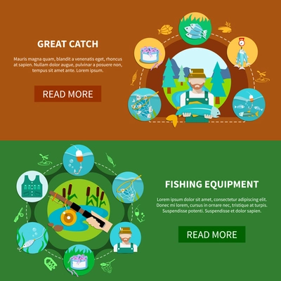 Fishing equipment banners set with water vessels and fish tackle flat images with editable text vector illustration