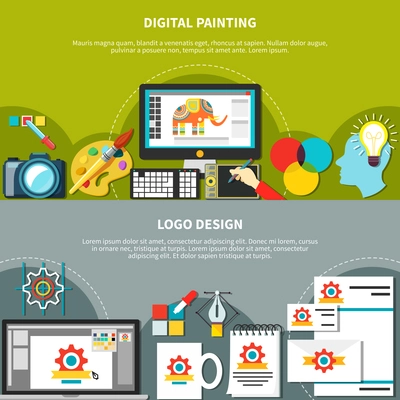 Two horizontal designer tools composition set with digital painting and logo design headlines vector illustration