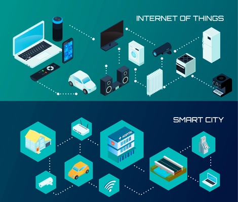 Internet of things iot and smart city 2 horizontal isometric banners set dark background isolated vector illustration