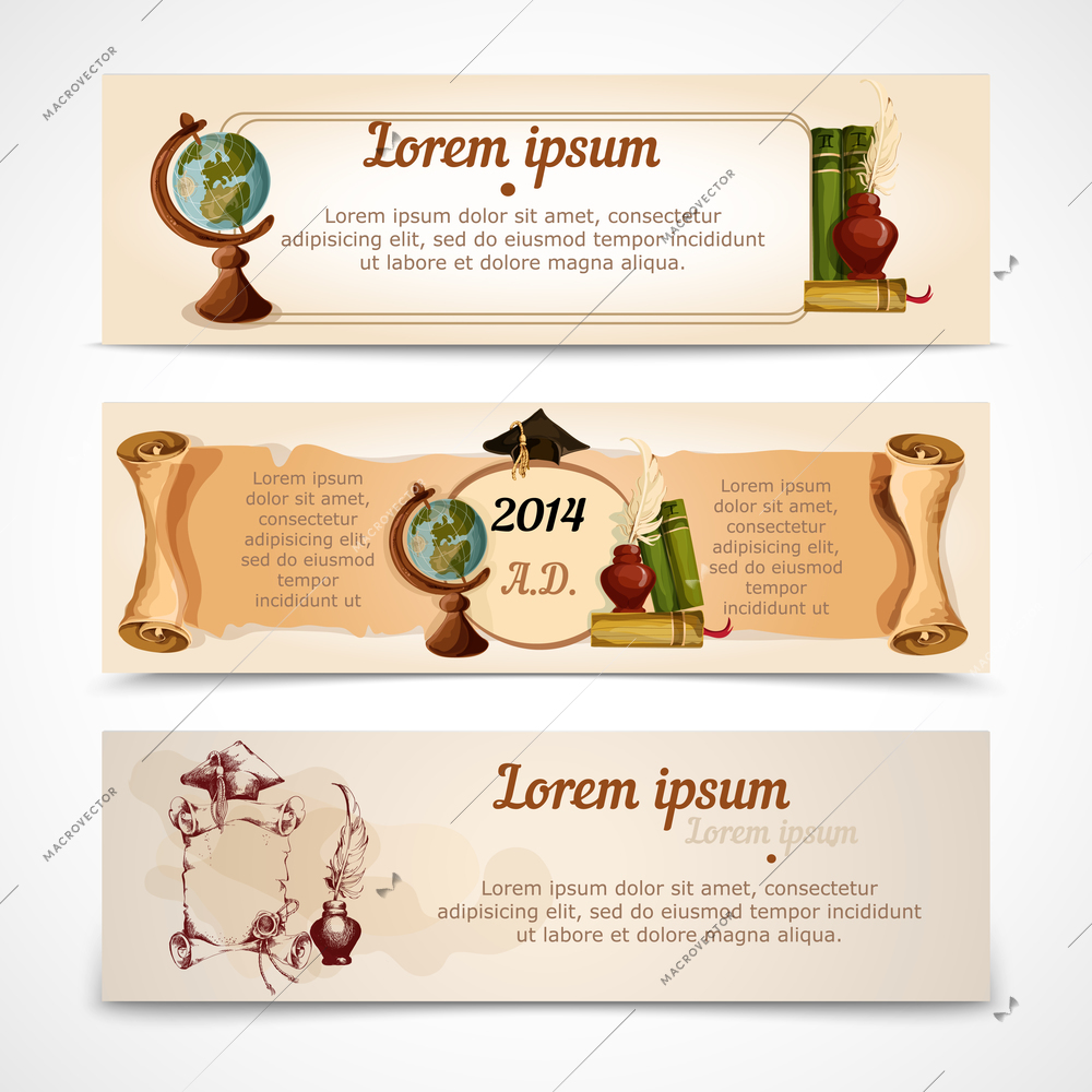 College university old style vintage graduation diploma certificate banners set isolated vector illustration