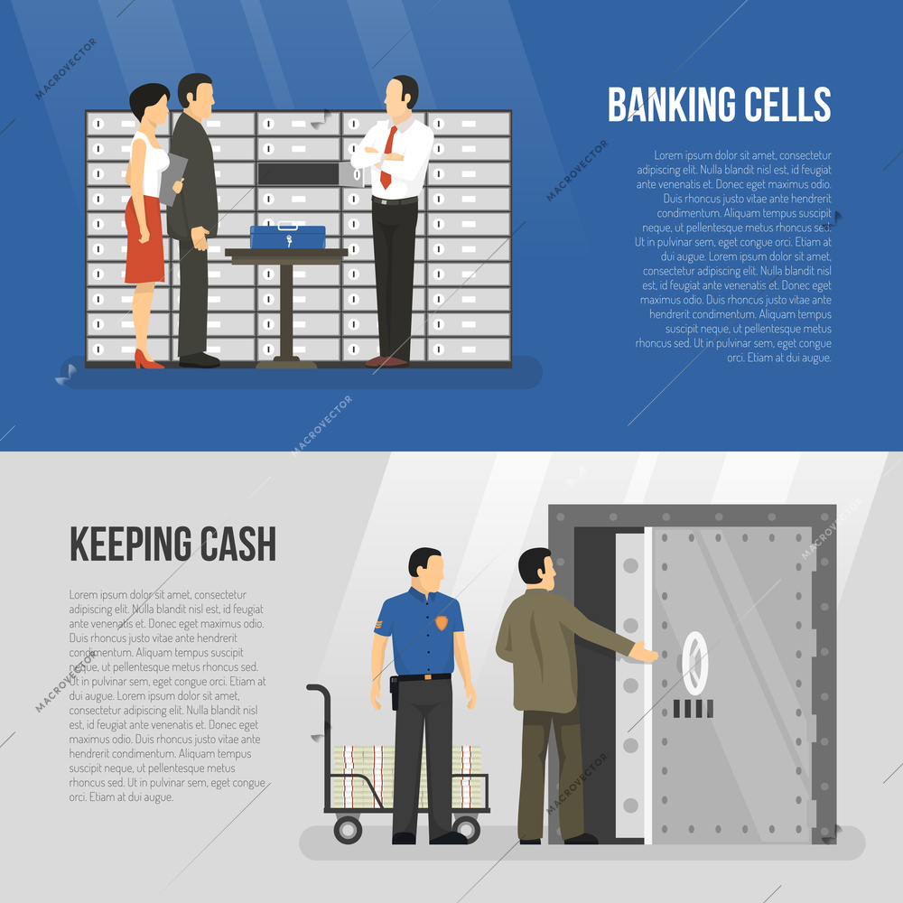 Horizontal banners set with clients and clerks standing near banking cells flat isolated vector illustration