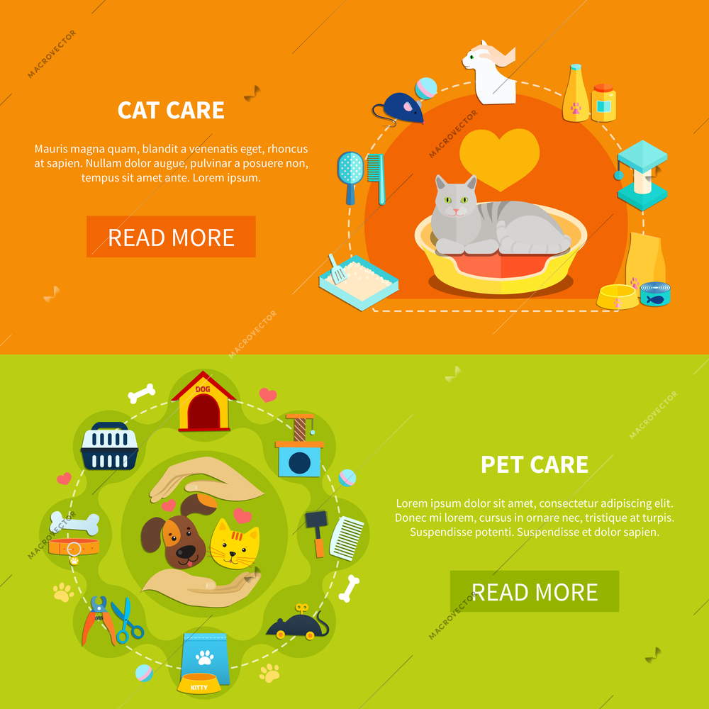 Bright horizontal banners with various accessories for pet care at home flat isolated vector illustration