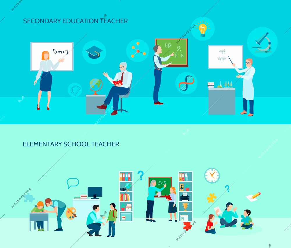 Elementary and secondary education school teachers in classroom 2 flat horizontal background banners set isolated vector illustration