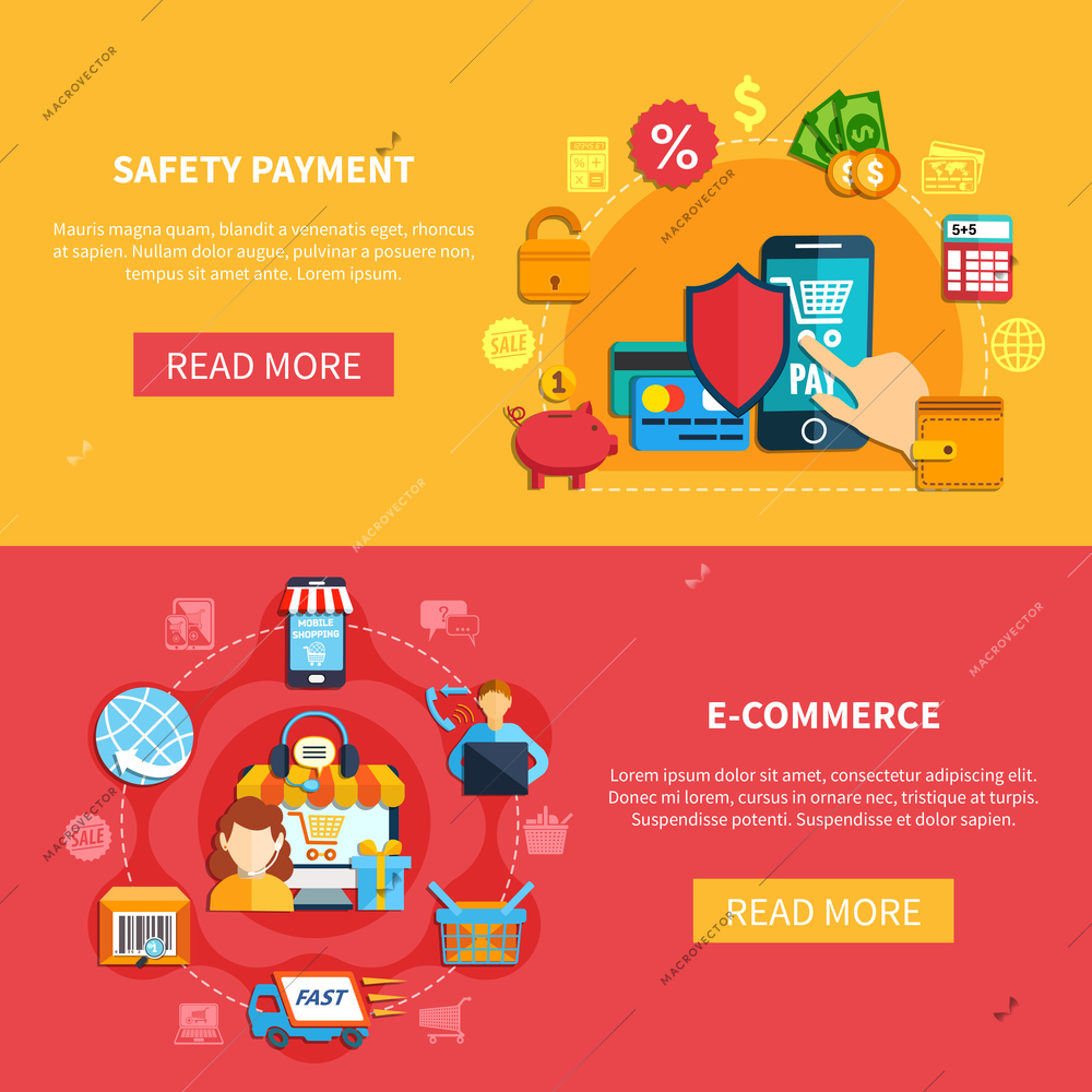 Two ecommerce banner set with safety payment and ecommerce headlines and buttons vector illustration