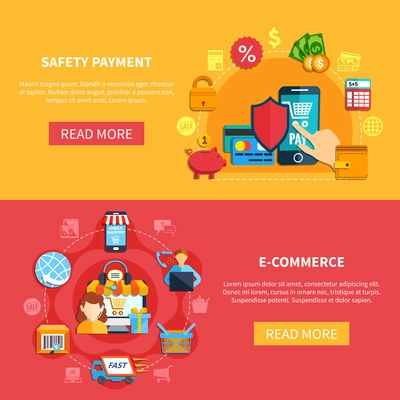 Two ecommerce banner set with safety payment and ecommerce headlines and buttons vector illustration