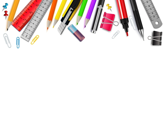 White background with different stationery items realistic vector illustration