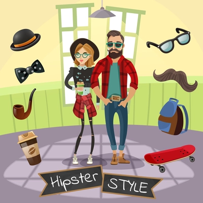 Subculture hipsters design in cartoon style with skateboard mustache hat bow tie coffee around people vector illustration
