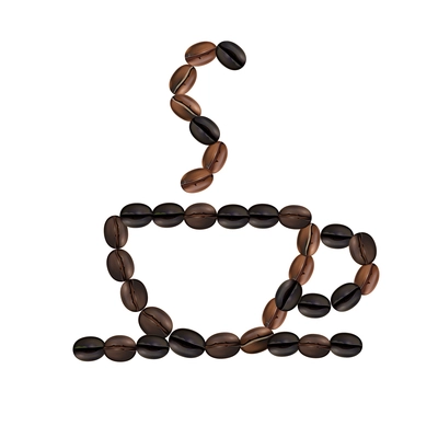 Roasted beans in form of cup with hot coffee on white background realistic vector illustration