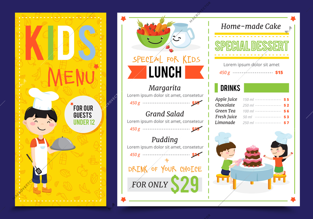 Kids cooking illustration menu with flat artwork doodle style children cook characters and editable menu items vector illustration