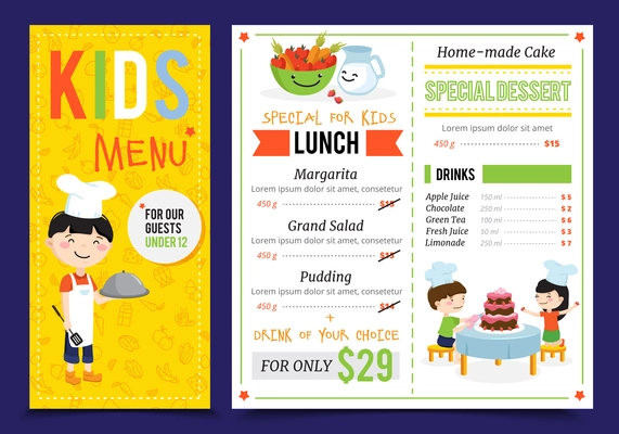 Kids cooking illustration menu with flat artwork doodle style children cook characters and editable menu items vector illustration