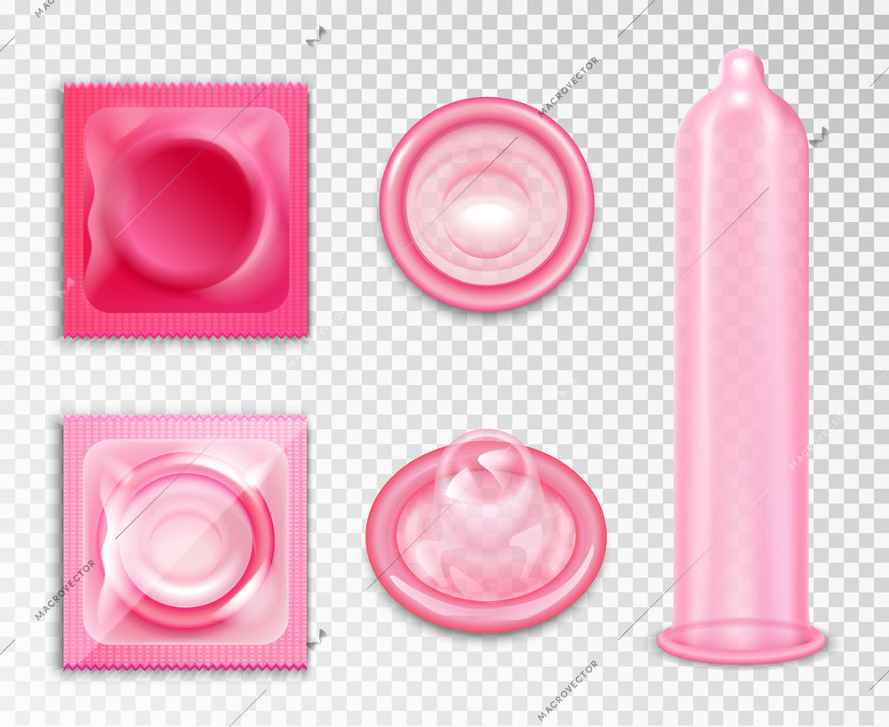 Pink condoms and packages realistic set isolated on transparent background vector illustration