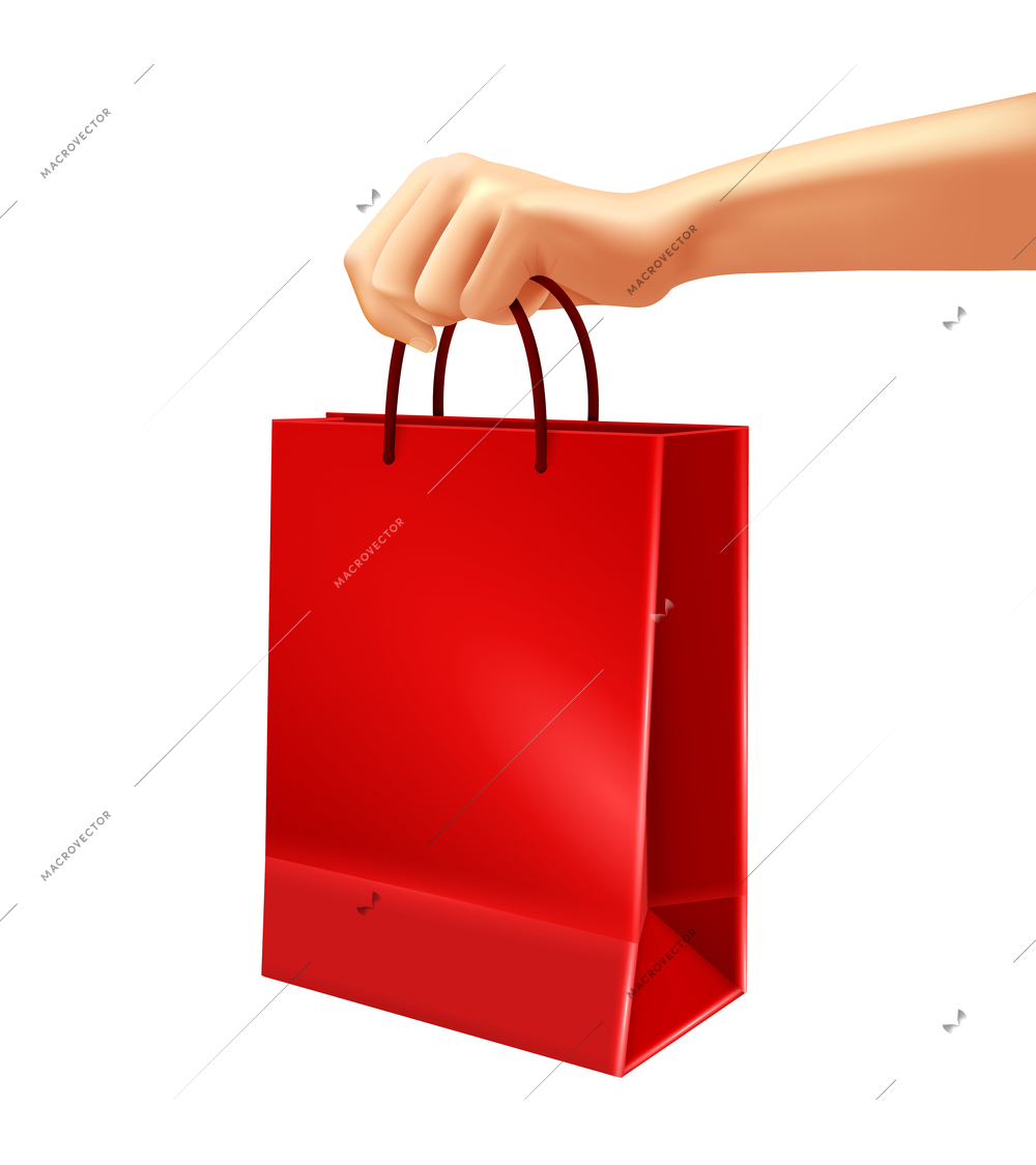 Hand holding blank red shopping bag from plastic or paper 3d design on white background vector illustration