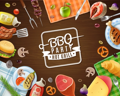 Bbq party frame with emblem meat vegetables fruits sauces pastry and napkins on wooden background vector illustration