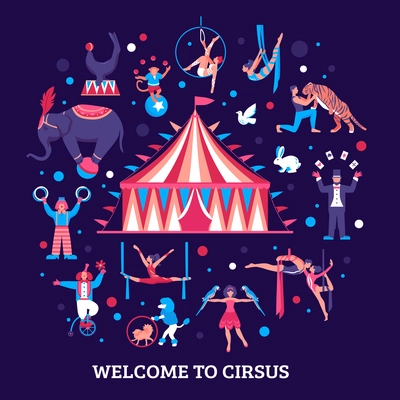 Circus performers flat vector Illustration with tent in center and trained animals and circus actors around