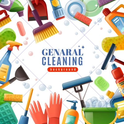 General cleaning frame with dishware brushes wipes mops soaps chemical detergents on white textured background vector illustration