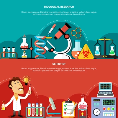 Gorizontal banners concept set of biological and sciences research and chemical experiments flat vector illustration