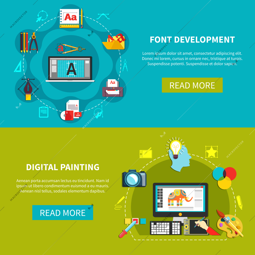 Two designer tools flat banner set with font development and digital painting descriptions with read more buttons vector illustration