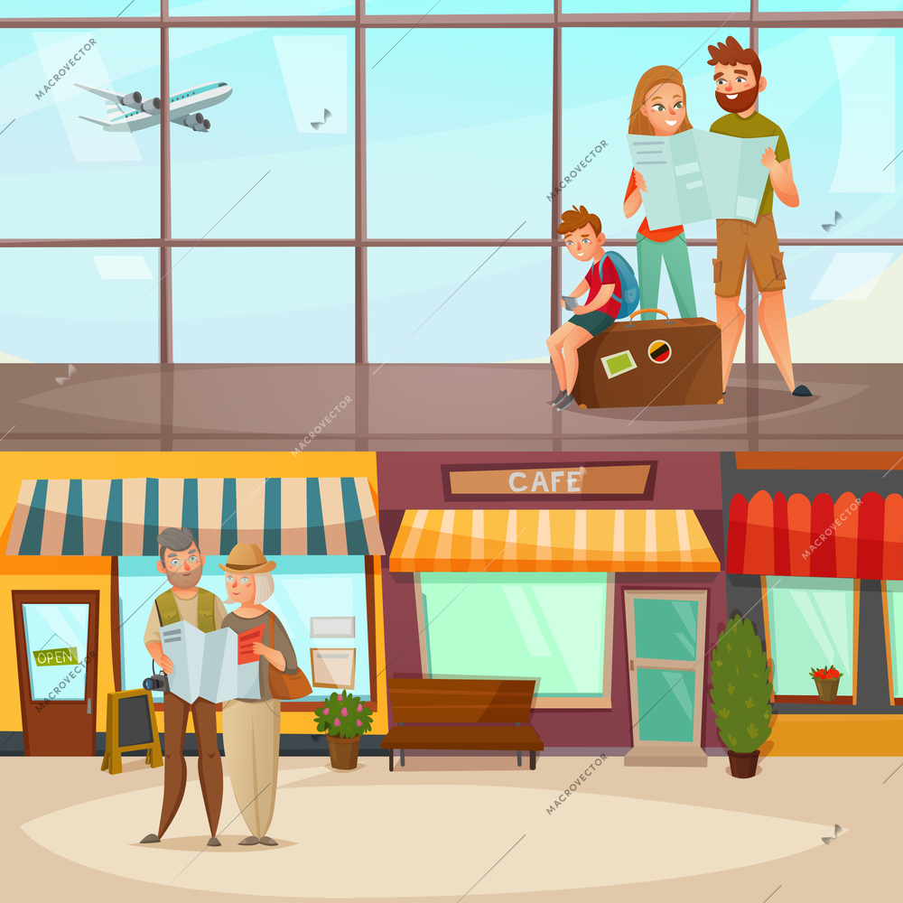 Banners with traveling people including family in airport and couple with map in city isolated vector illustration