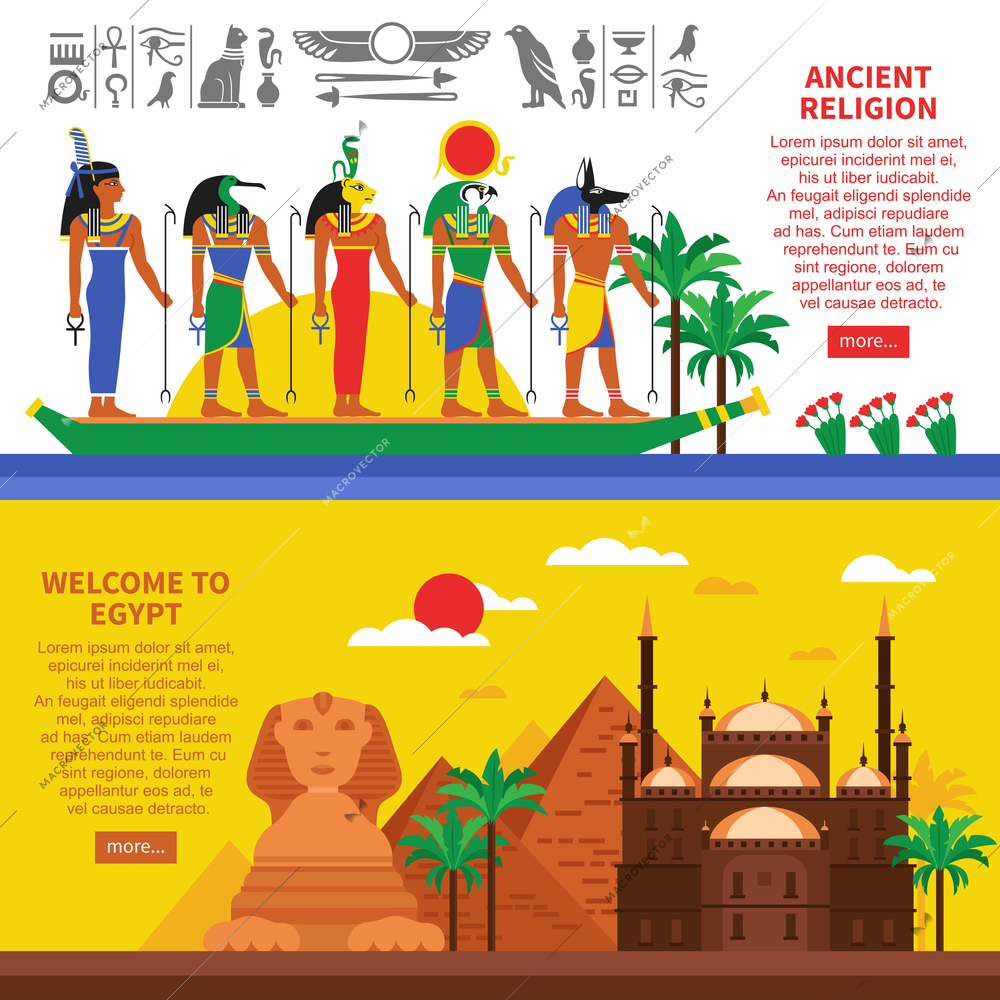 Egypt horizontal banners with egyptian landmarks decorative icons and sings of characters of ancient myths flat vector illustration