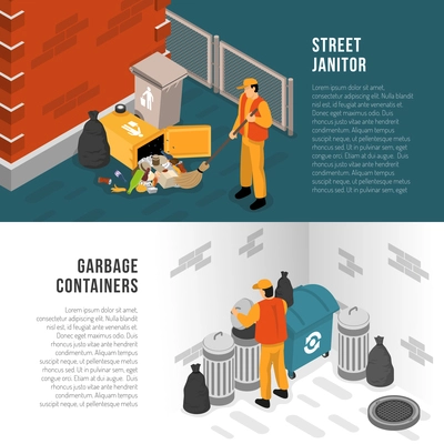 Two horizontal isometric garbage recycling banner set with street janitor and garbage containers descriptions vector illustration