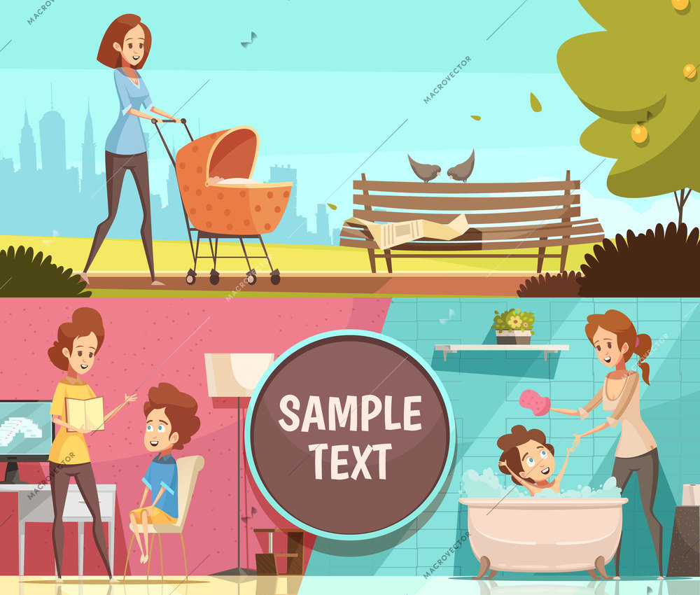 Motherhood daily activities 2 retro cartoon horizontal banners set with walking outdoor with pram isolated vector illustration