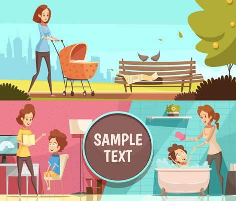 Motherhood daily activities 2 retro cartoon horizontal banners set with walking outdoor with pram isolated vector illustration