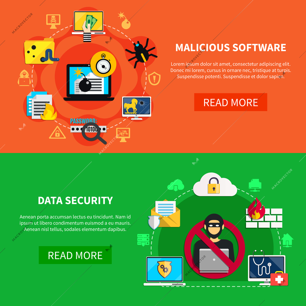 Hacking flat horizontal banners set with malicious software and data security decorative icons cartoon vector illustration