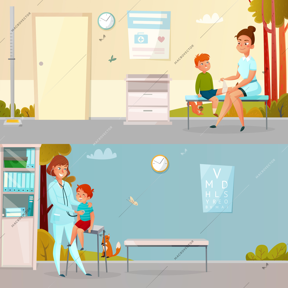 Kid visits doctor horizontal cartoon banners including boy with injured leg hearings of breathing isolated vector illustration