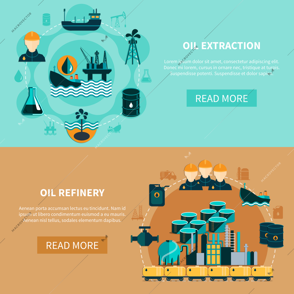 Oil industry banners with images of oil tank cars tankers petroleum refinery with read more button vector illustration