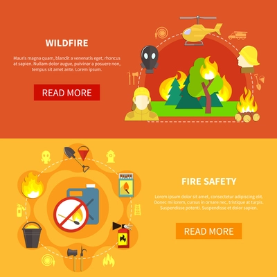 Firefighting safety tools and forest windfire horizontal banners set flat isolated vector illustration