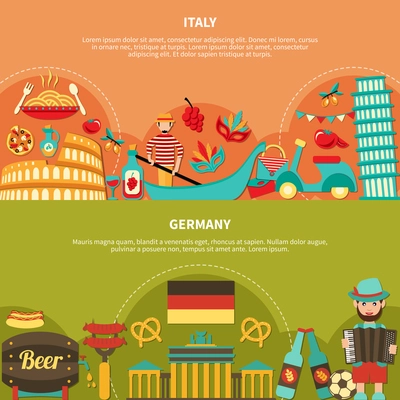 Travel banners set with italian and german food drinks and places of interest flat images with text vector illustration