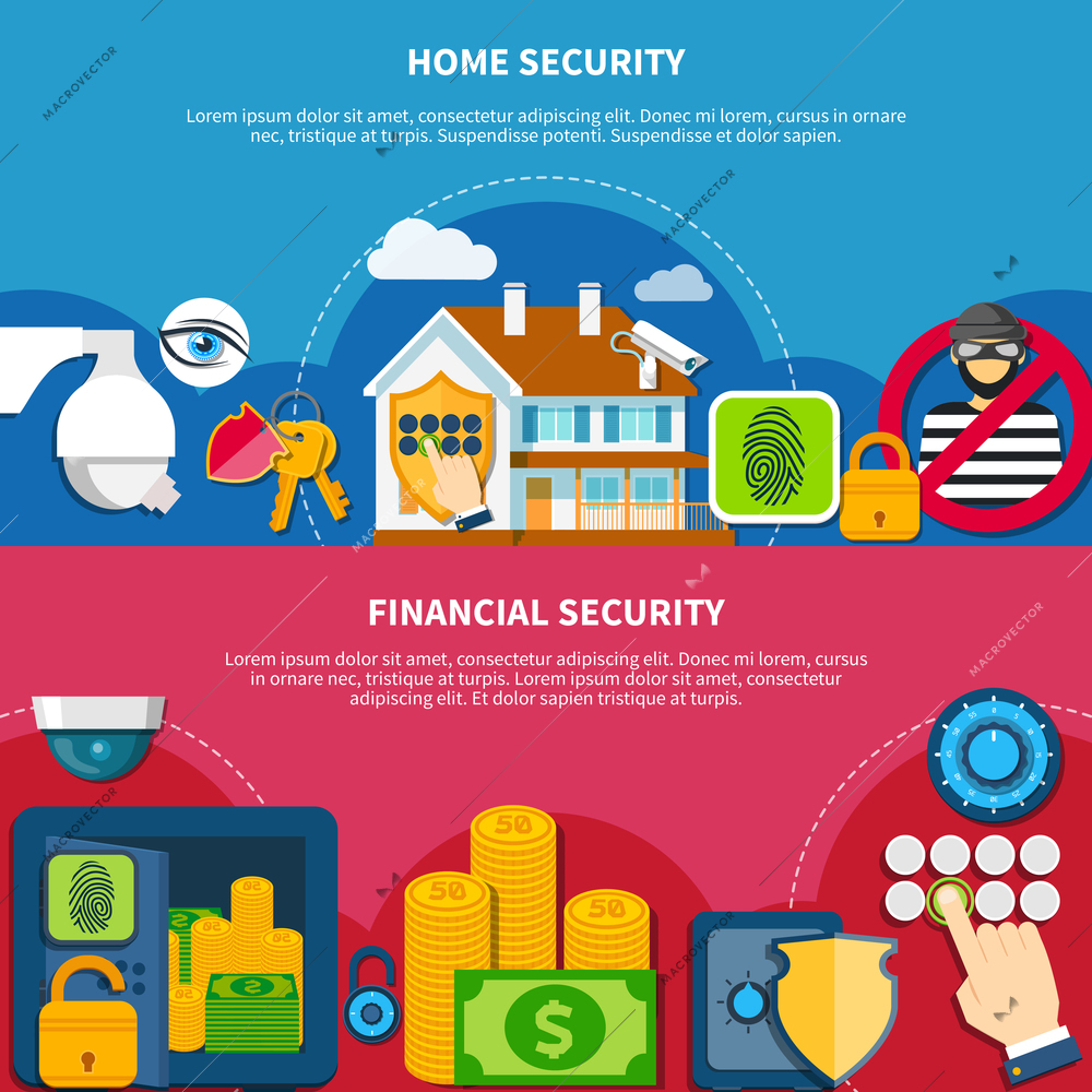 Security and protection horizontal banners set with home and financial security symbols flat isolated vector illustration