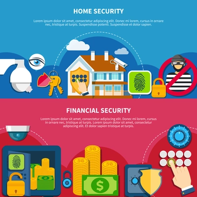 Security and protection horizontal banners set with home and financial security symbols flat isolated vector illustration