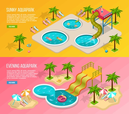 Two horizontal and colored isometric aqua park banner set with sunny and evening aquapark descriptions vector illustration