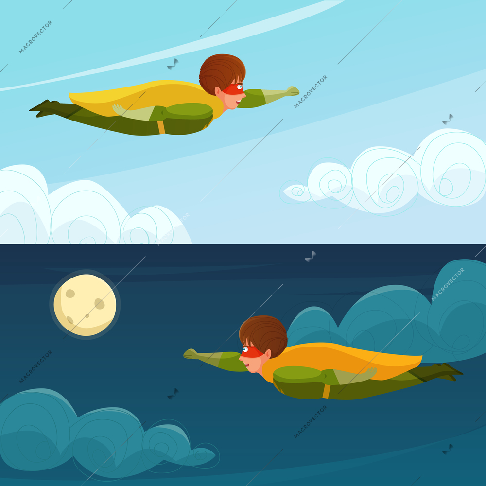 Horizontal banners with boy superhero flying on background of day and night sky isolated vector illustration