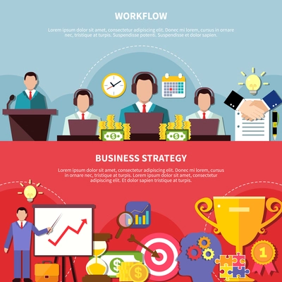 Business workflow horizontal banners set with faceless human characters time and money icon compositions and text vector illustration