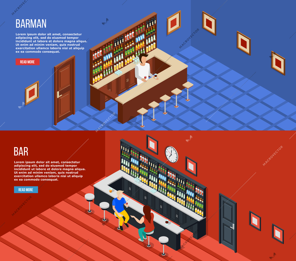 Two horizontal bar people isometric banner set with barman headline and read more buttons vector illustration