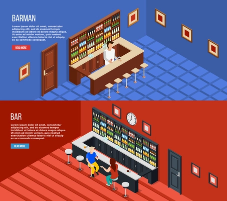 Two horizontal bar people isometric banner set with barman headline and read more buttons vector illustration