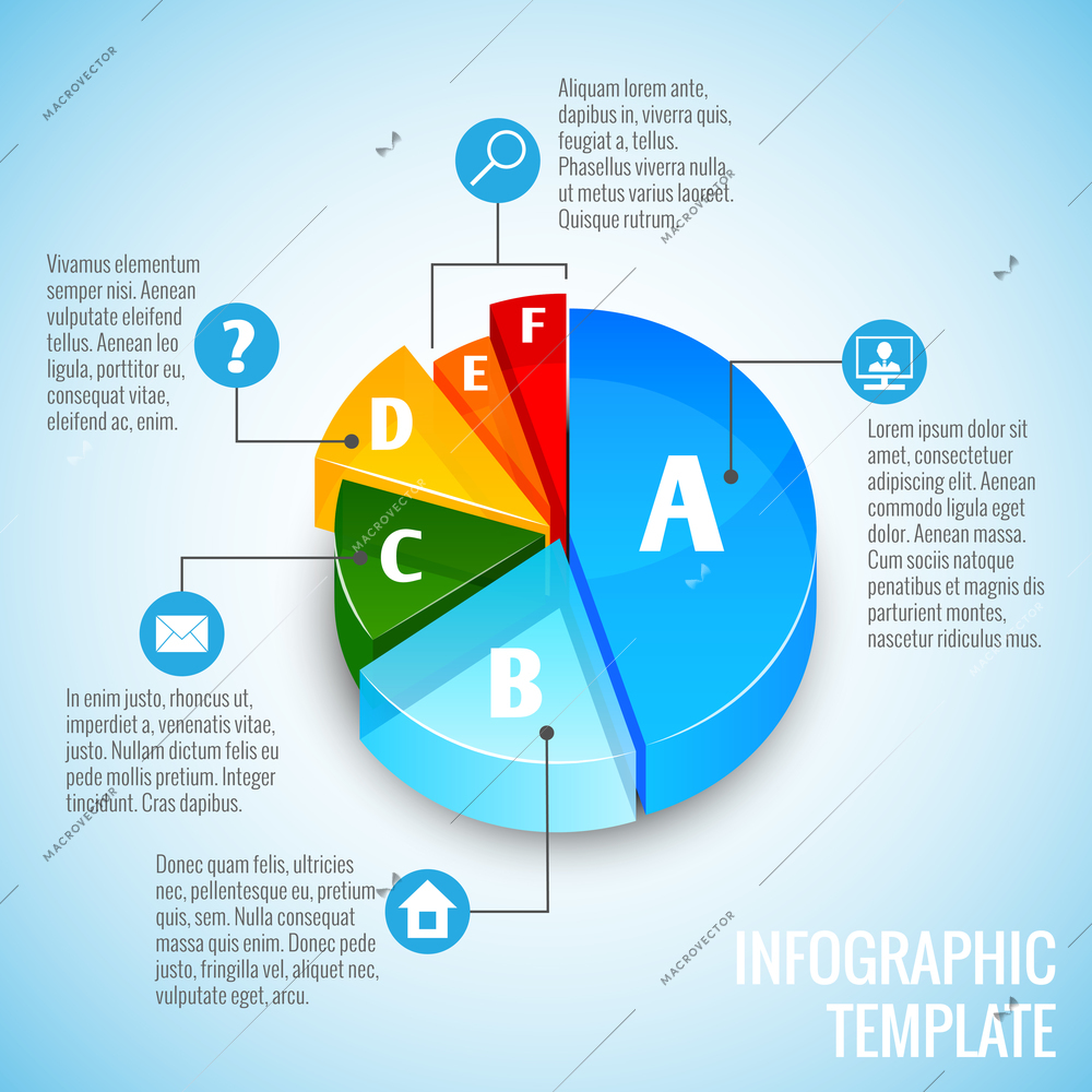 Colored abstract 3d pie chart web design infographic element with internet icons vector illustration