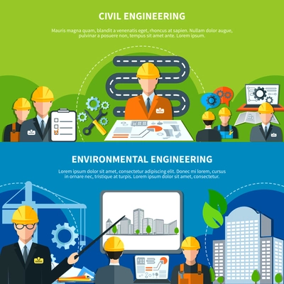 Engineering horizontal banners with flat urban construction eco-friendly image compositions of faceless characters and text vector illustration