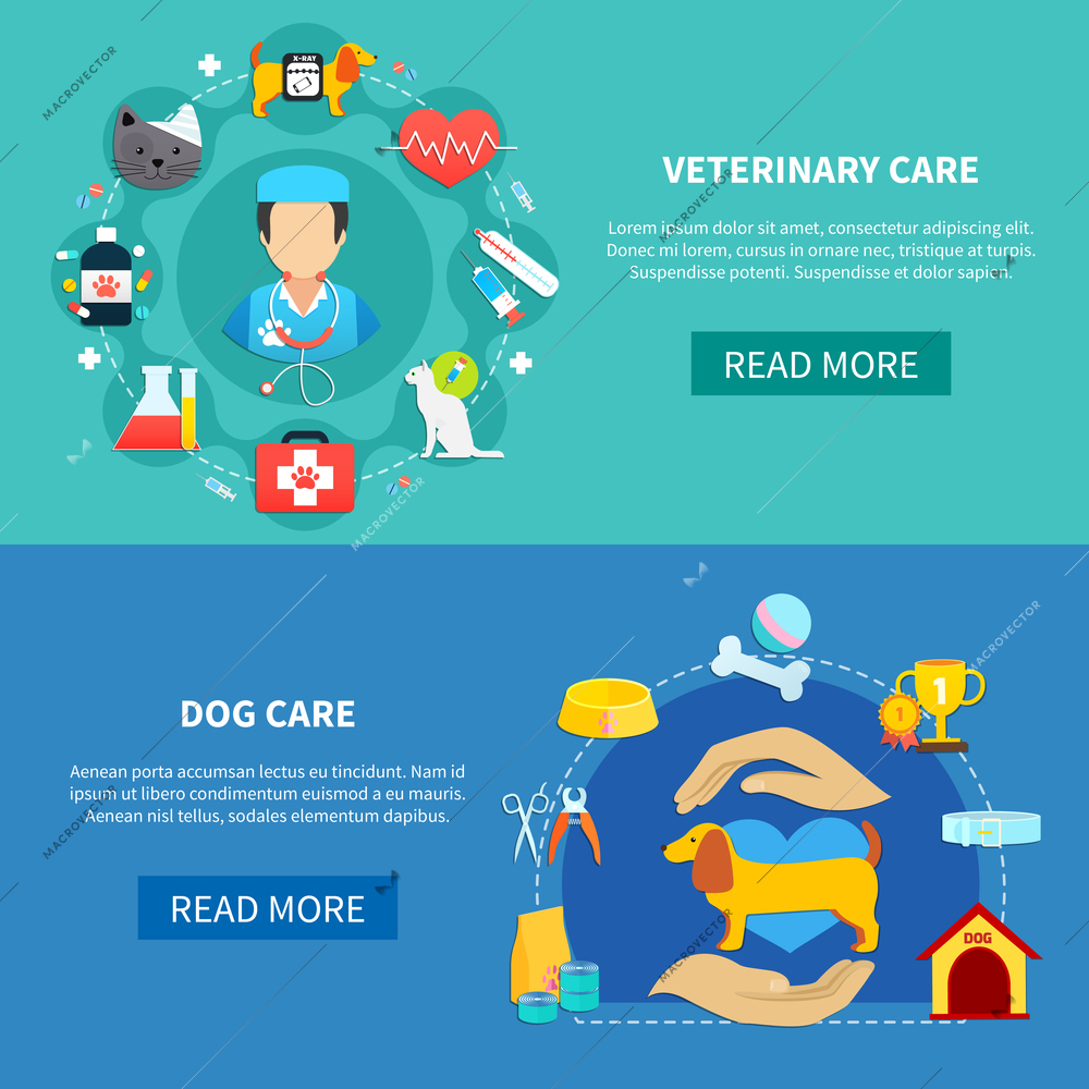 Veterinary care and accessories for pet dog horizontal banners flat isolated vector illustration